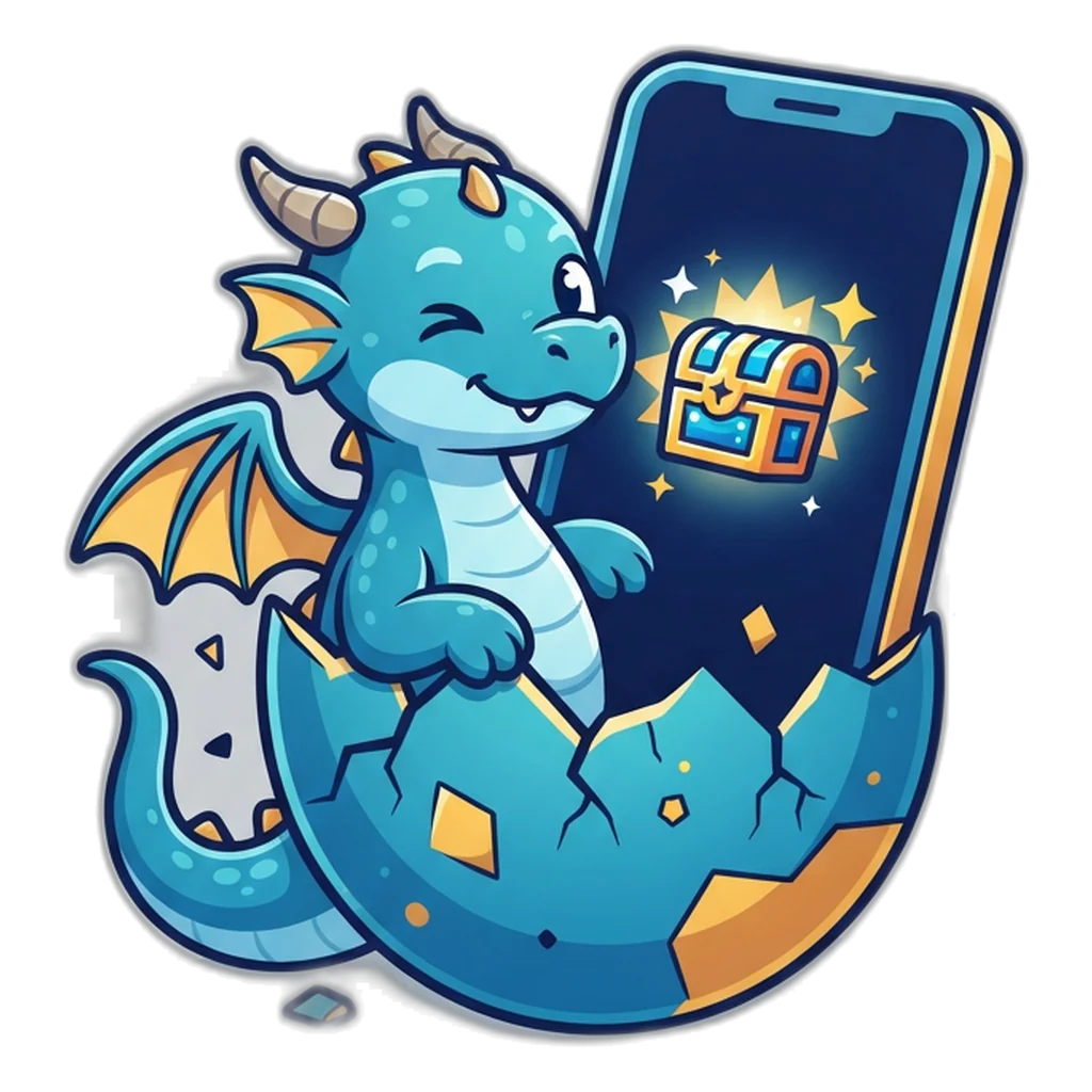 Baby dragon hatching from a phone-shaped egg beside a new home-screen game icon