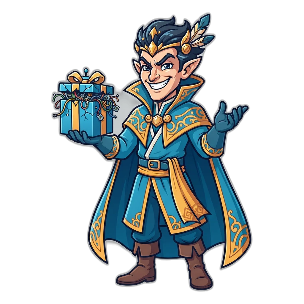 Trickster in a blue cloak offering a gift box that hides a harmful app file