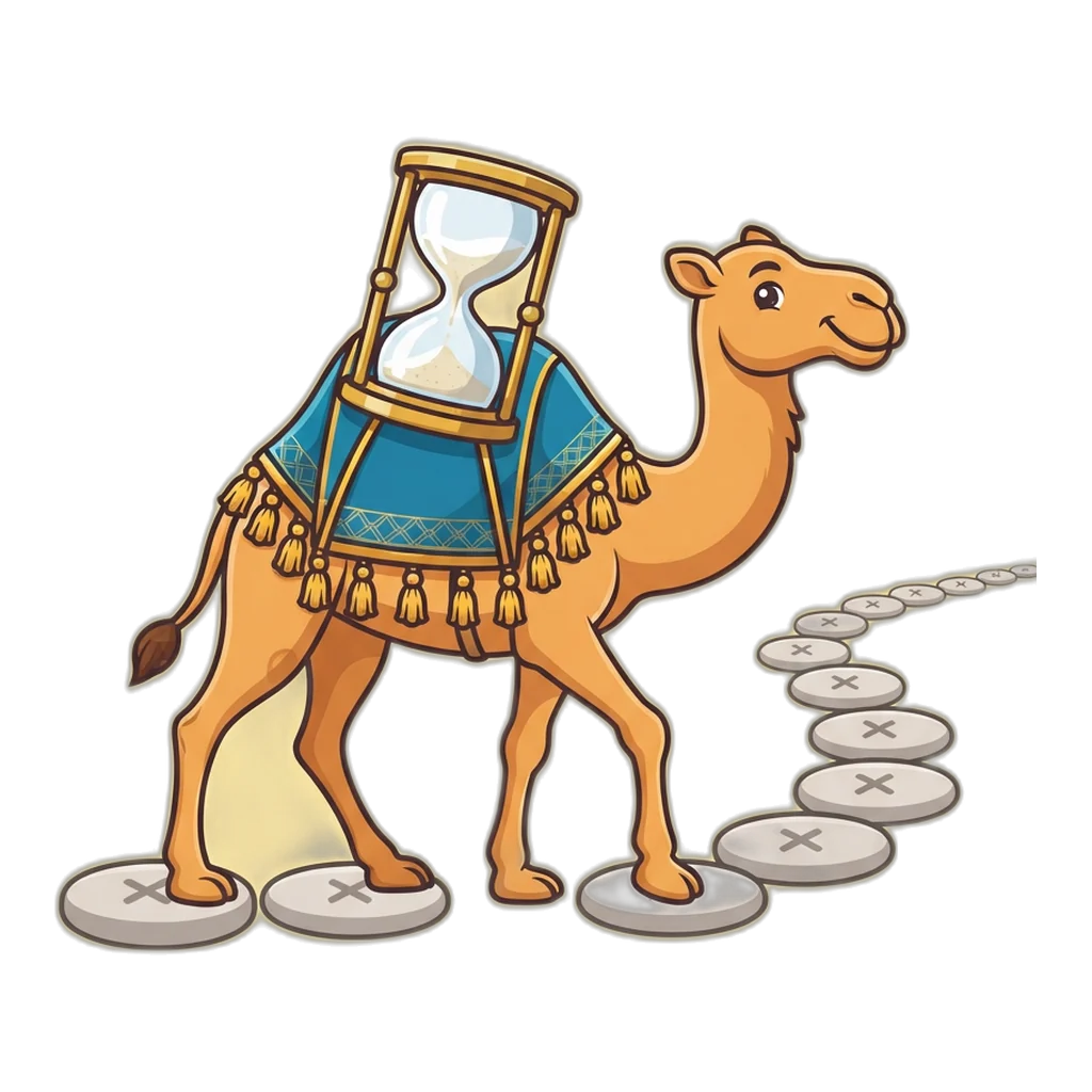 Camel carrying an hourglass along a long row of rounds marked as misses