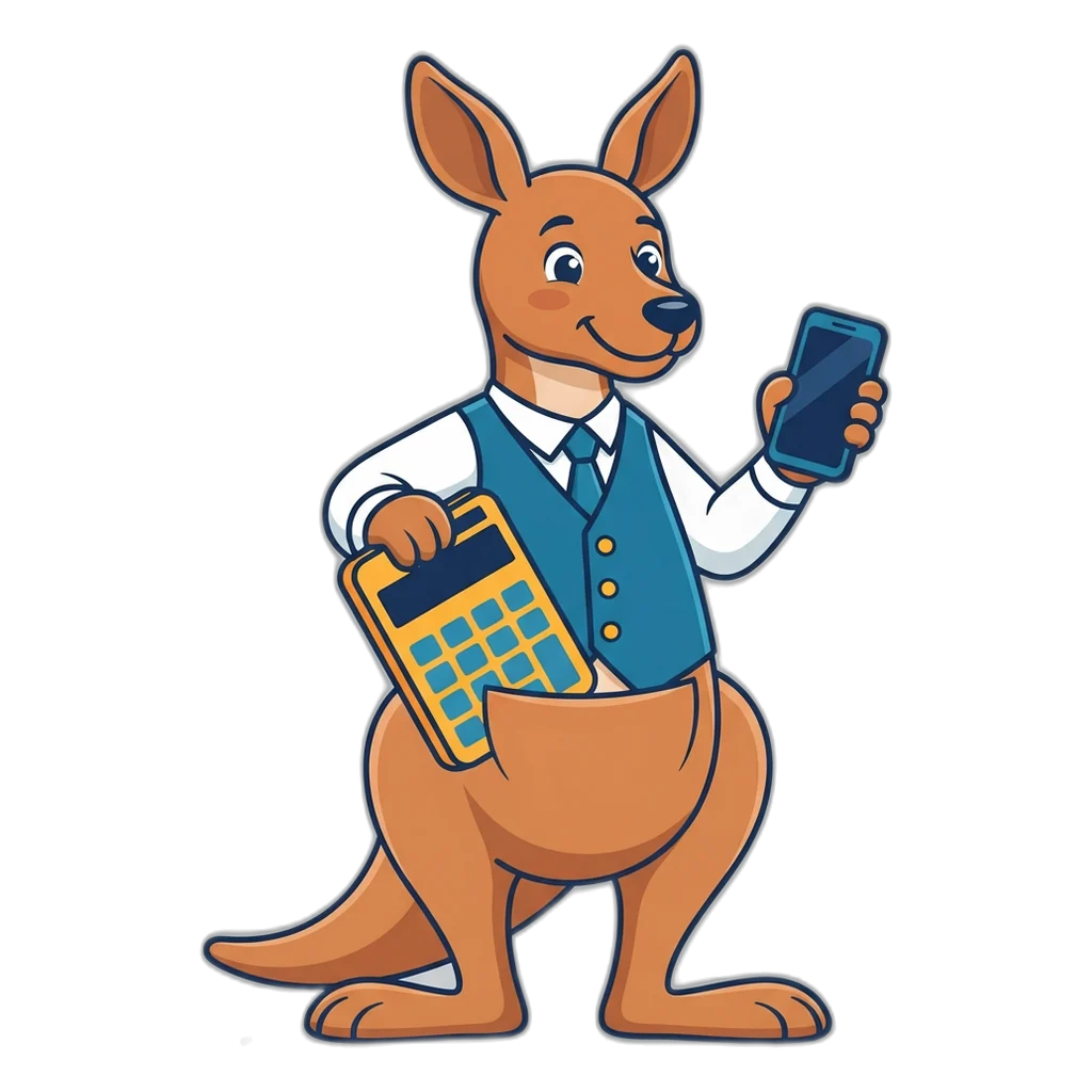 Kangaroo accountant checking a colour prediction calculator on a phone screen