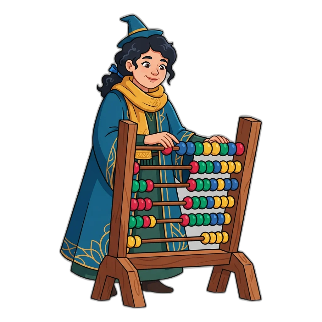 Forest witch sliding ten numbered beads across a giant abacus to add up returns