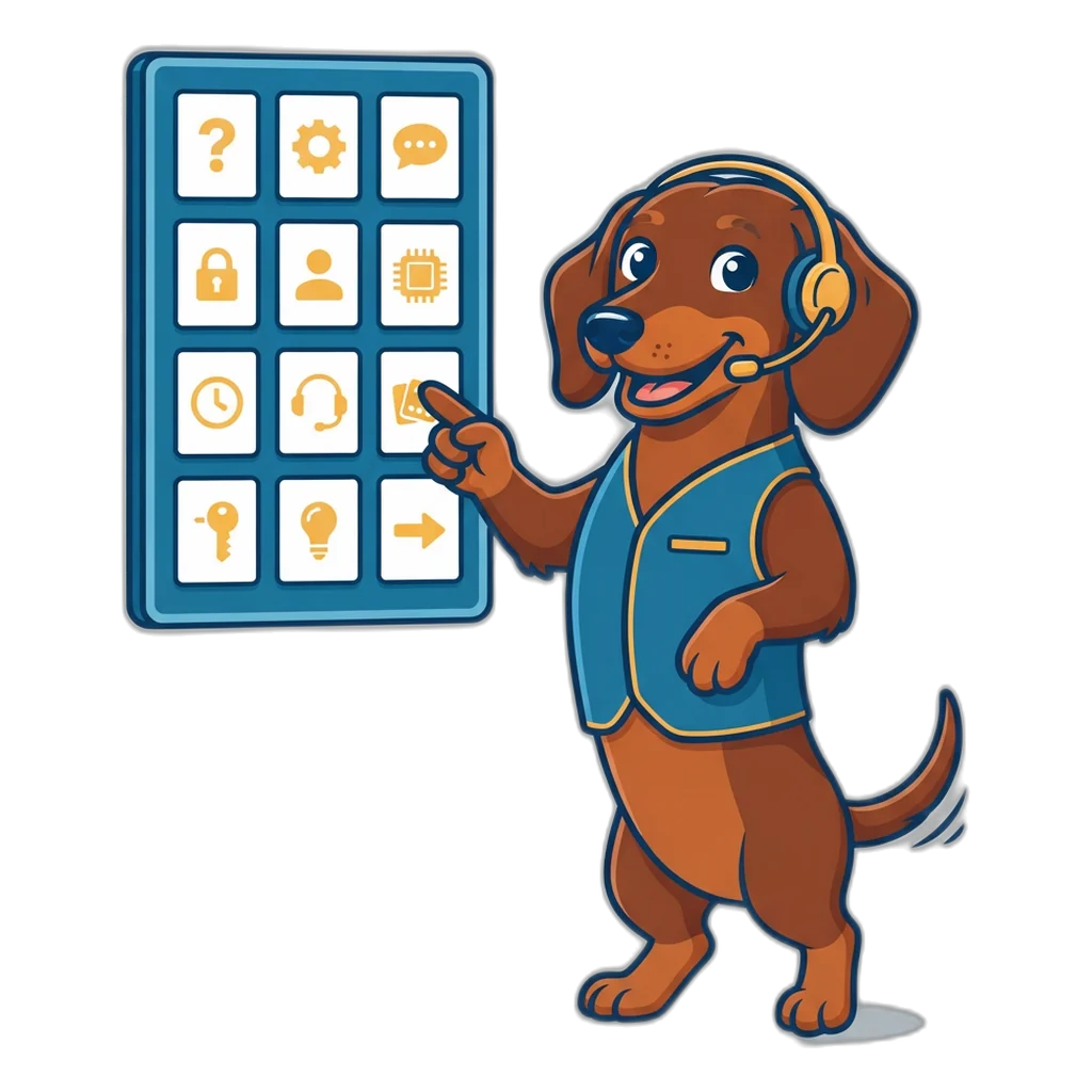 6E Club customer care desk: a dachshund agent with a headset pointing at help cards