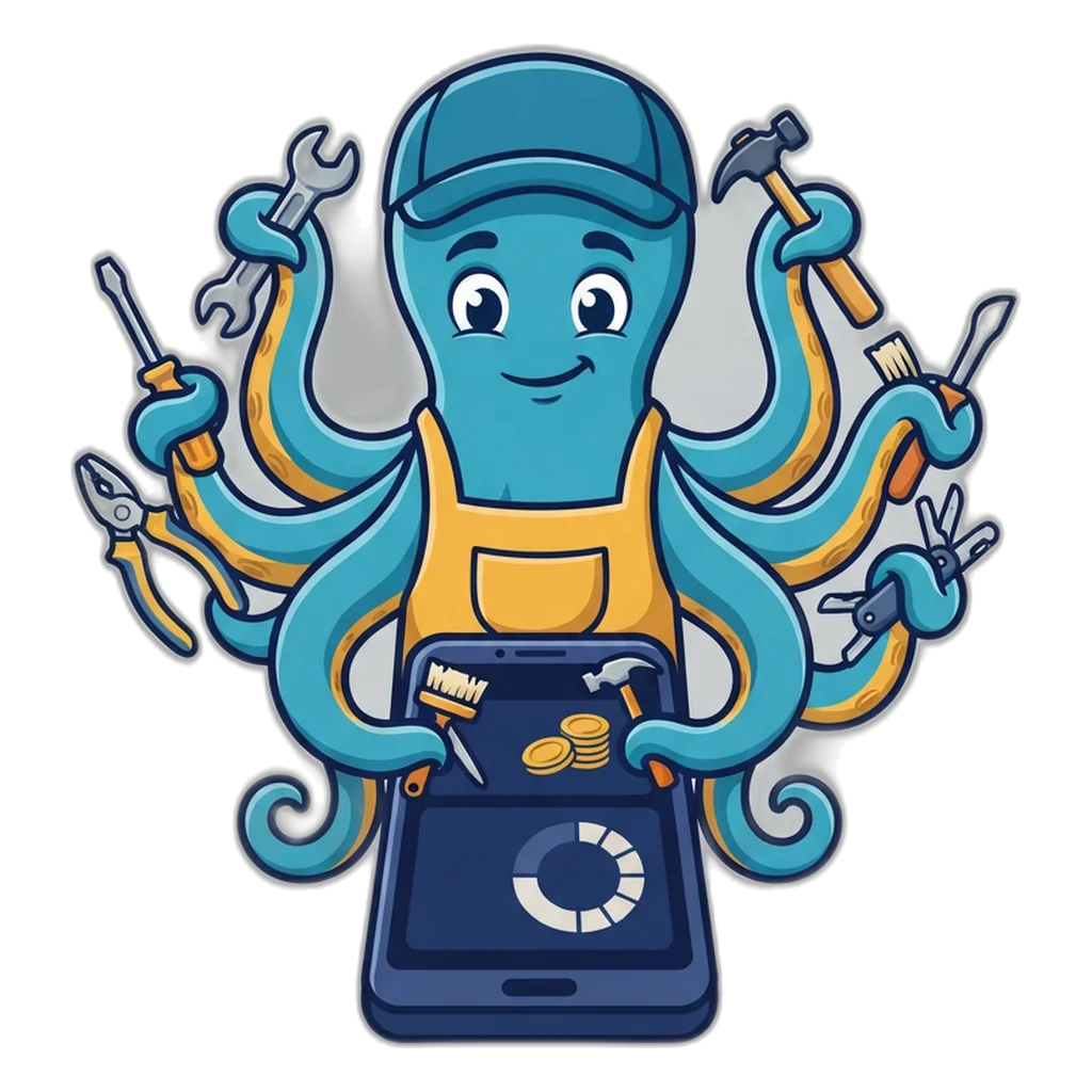 Octopus repairer holding eight tools over a phone with a coin counter and timer