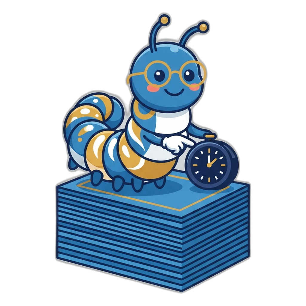 Bookworm caterpillar in reading glasses sitting on a stack of answer cards