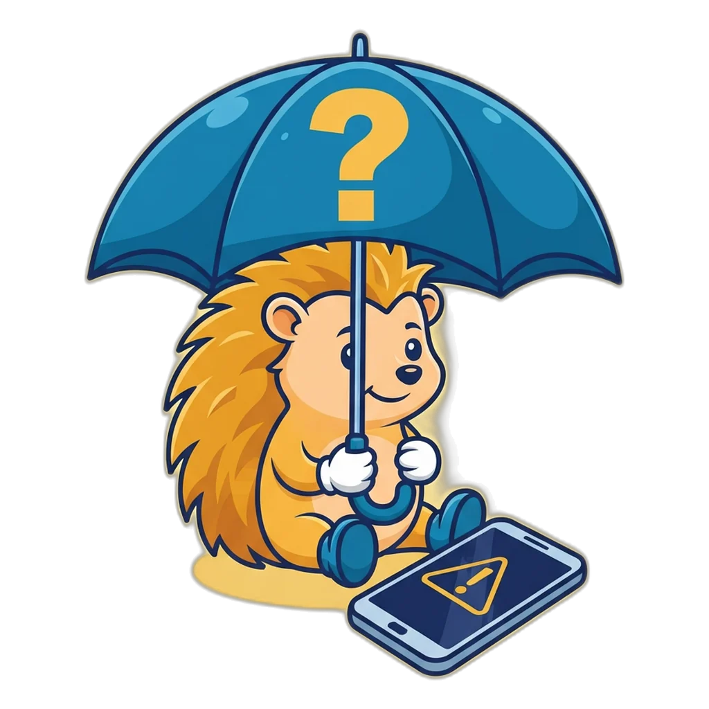 Hedgehog under a question-mark umbrella next to a phone showing a warning sign