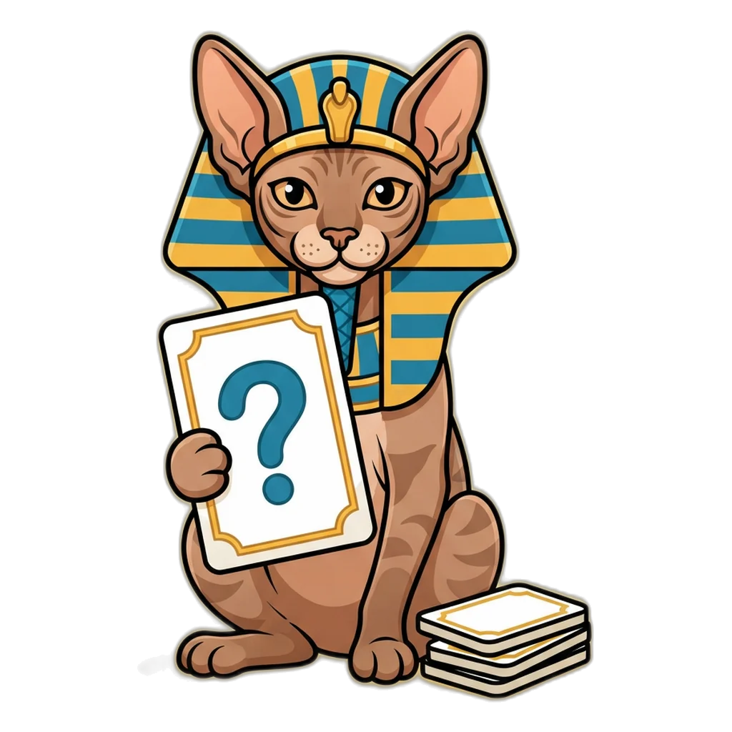 Sphinx cat holding a question card, the guide figure for the 6E Club FAQ