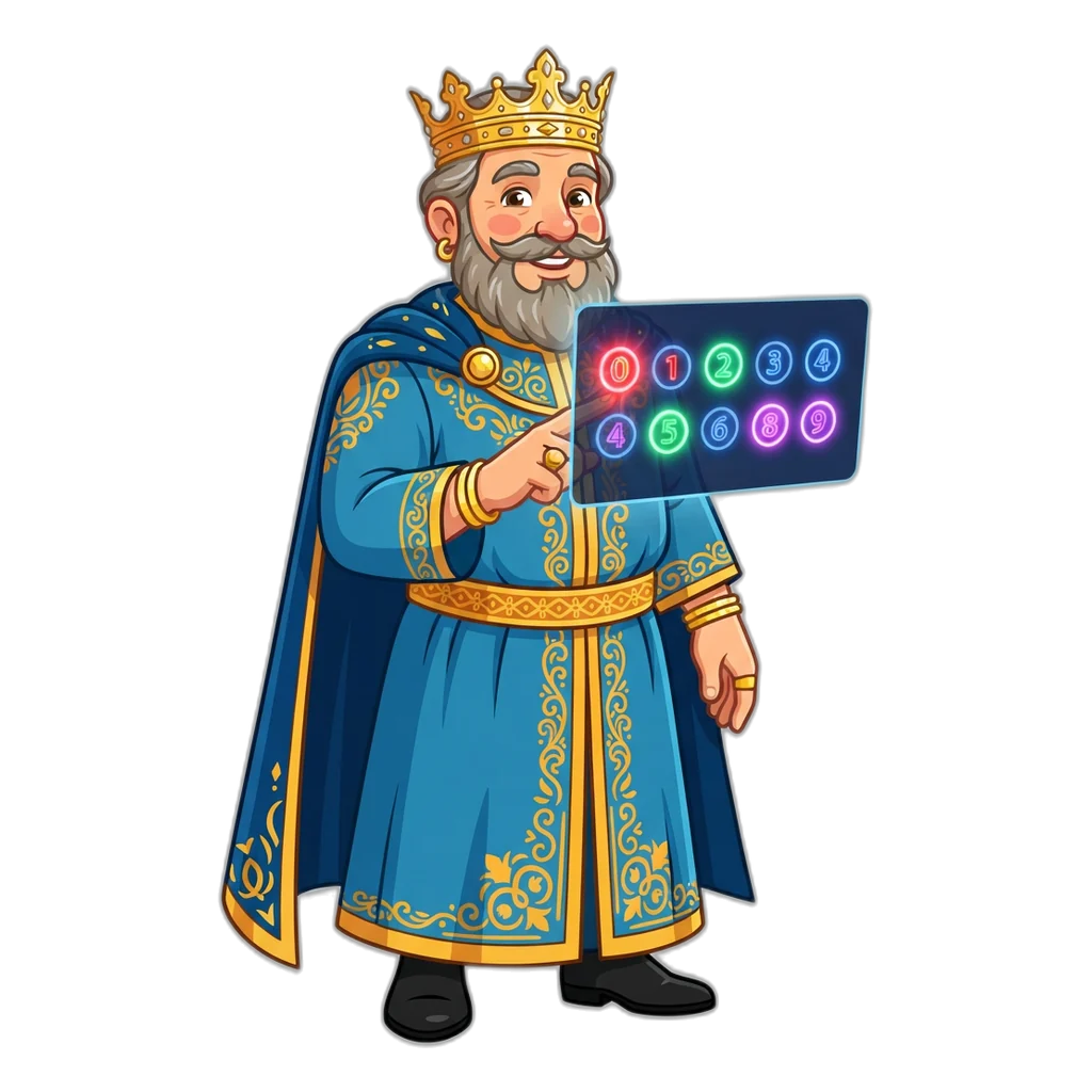 6E Club game rule book: a golden king lighting up the digits 0 to 9