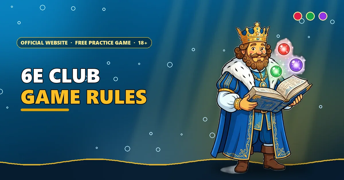 Golden-touch king holding a rule book under red, green and violet balls for the 6E Club game rules