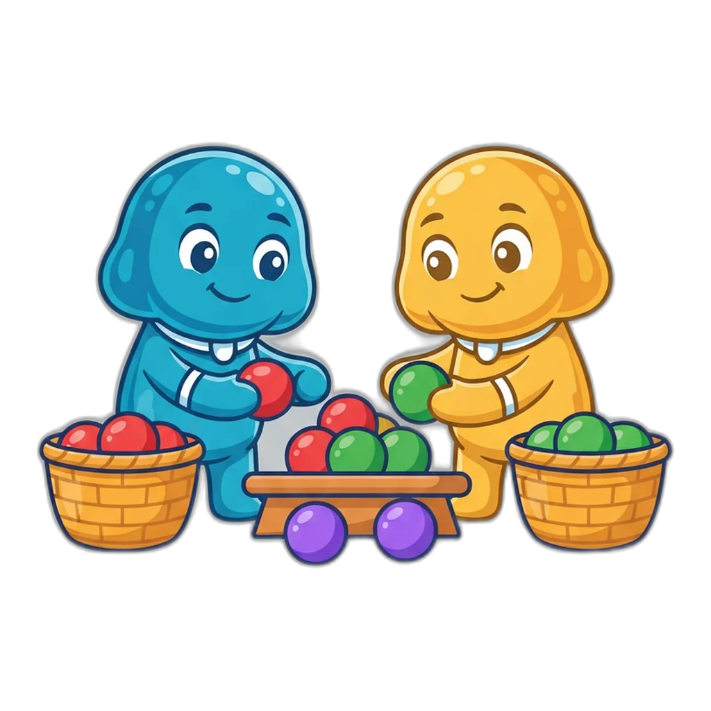 Two jelly aliens sorting red and green balls, with two violet balls set apart