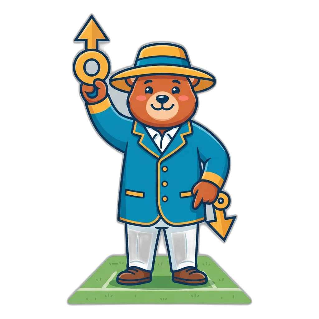 A cricket umpire bear signalling Big with one arm and Small with the other