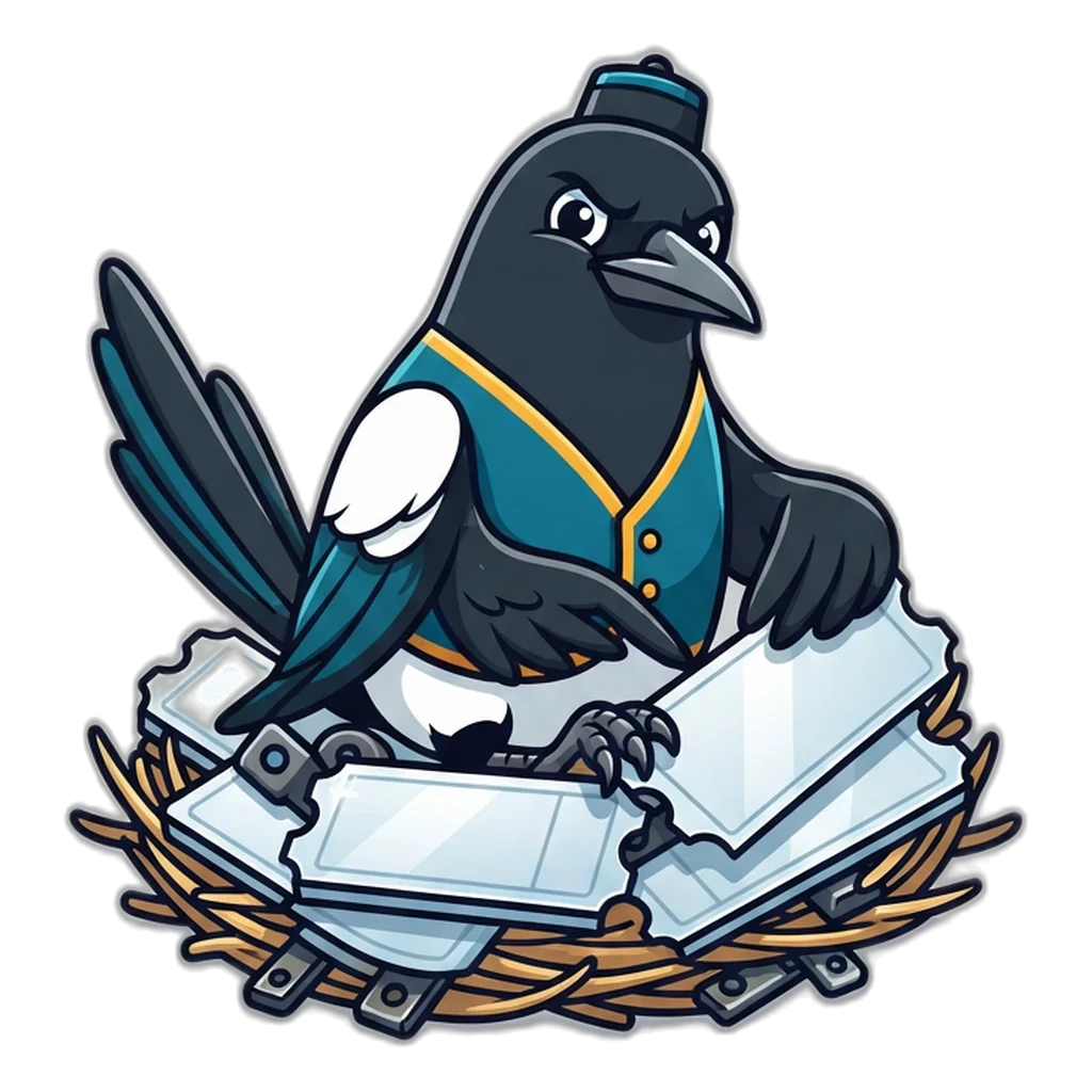 Magpie in a blue and gold waistcoat guarding a nest of shiny blank code tickets