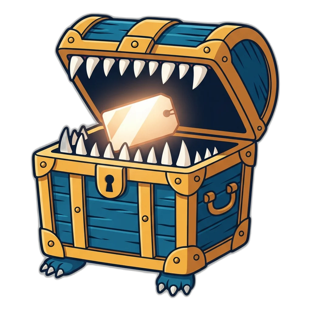 Blue and gold treasure chest with teeth hiding behind a glowing free gift tag