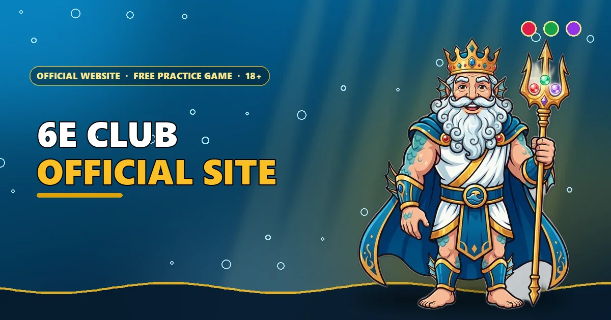 Sea king mascot holding a golden trident with red, green and violet pearls on the 6E Club banner