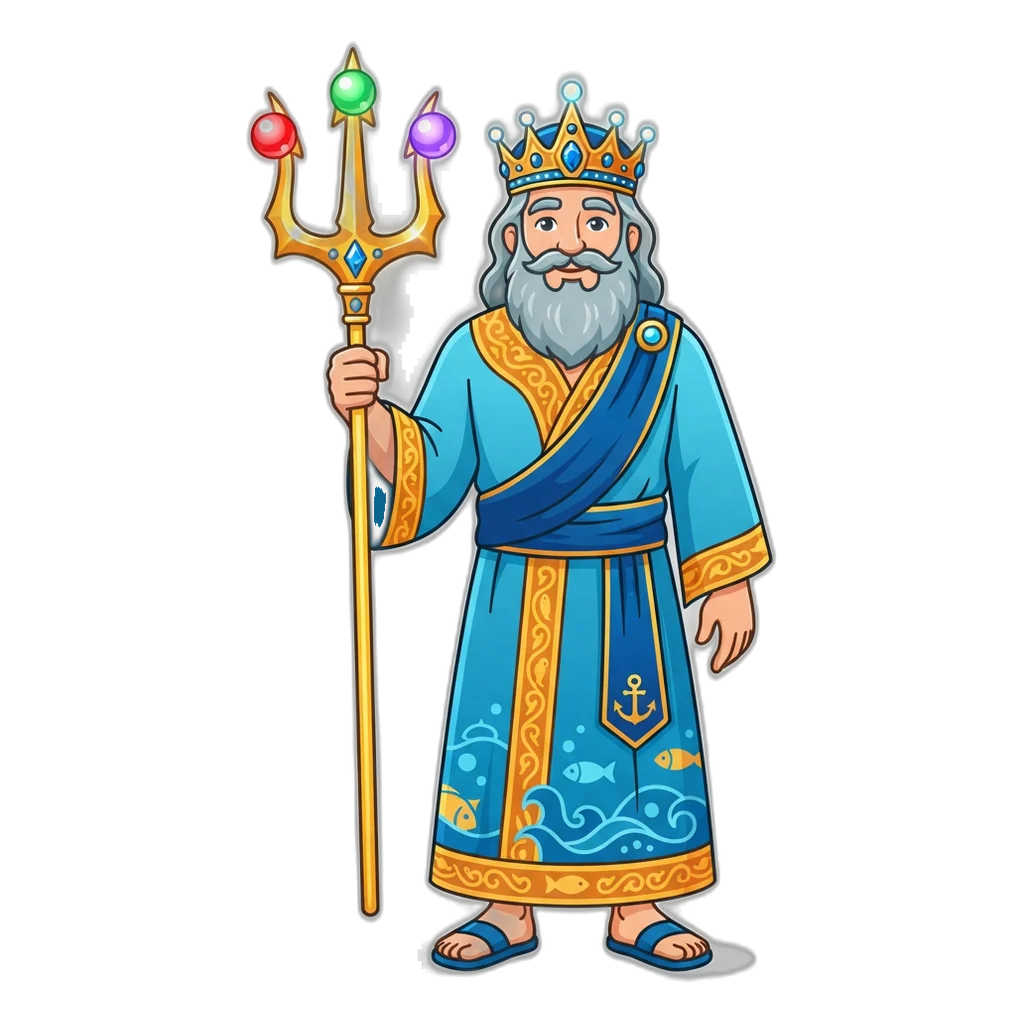 6E Club sea king holding a trident with red, green and violet pearls