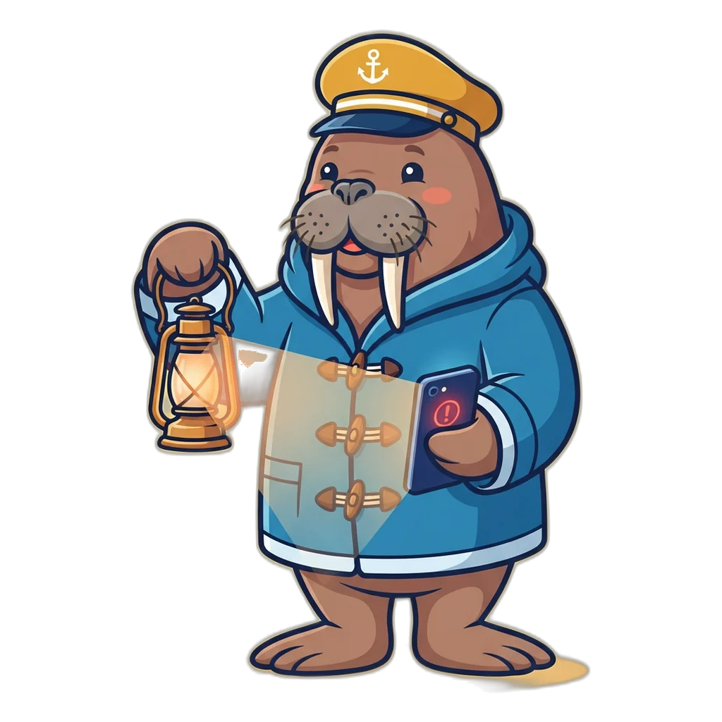 A walrus lighthouse keeper shining a beam on a phone to spot a scam
