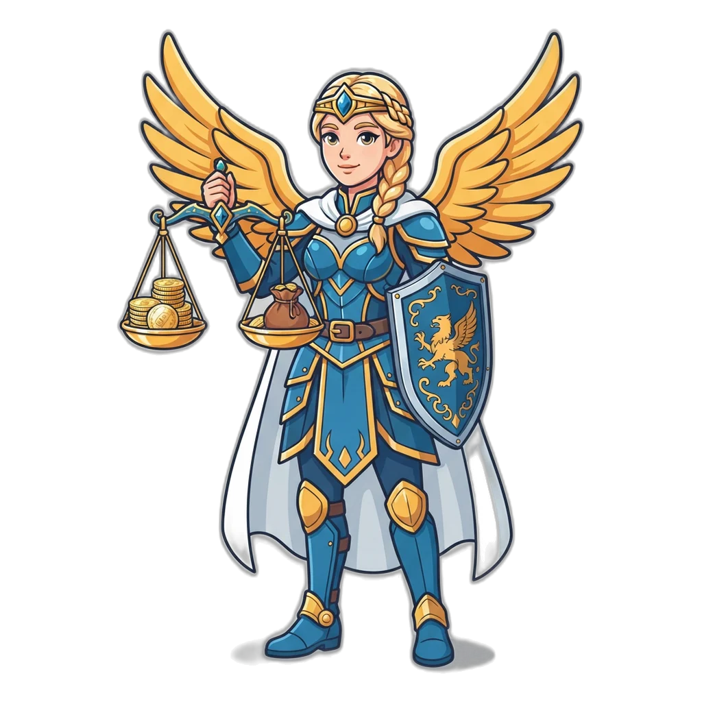 Winged shield-maiden holding level scales of law with coins on each pan