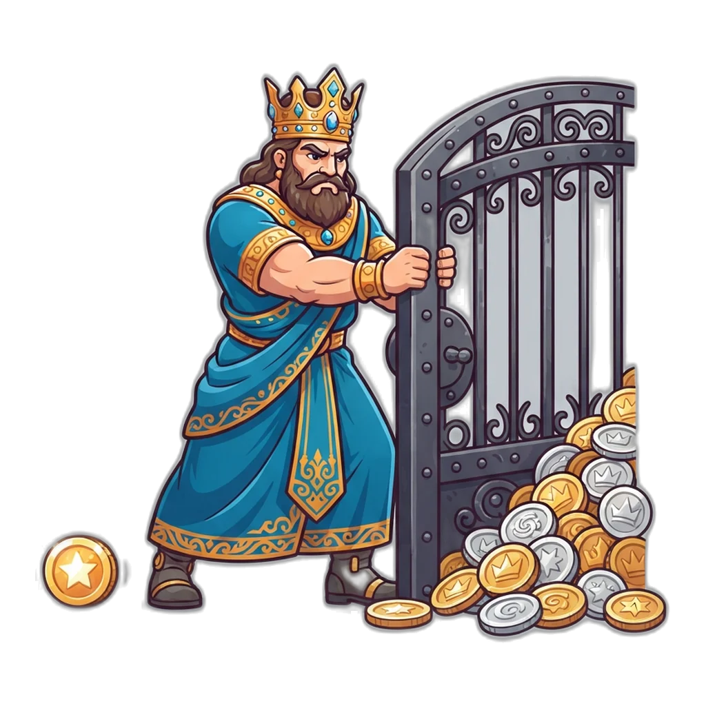 Underworld king closing a heavy gate on a pile of money-game coins