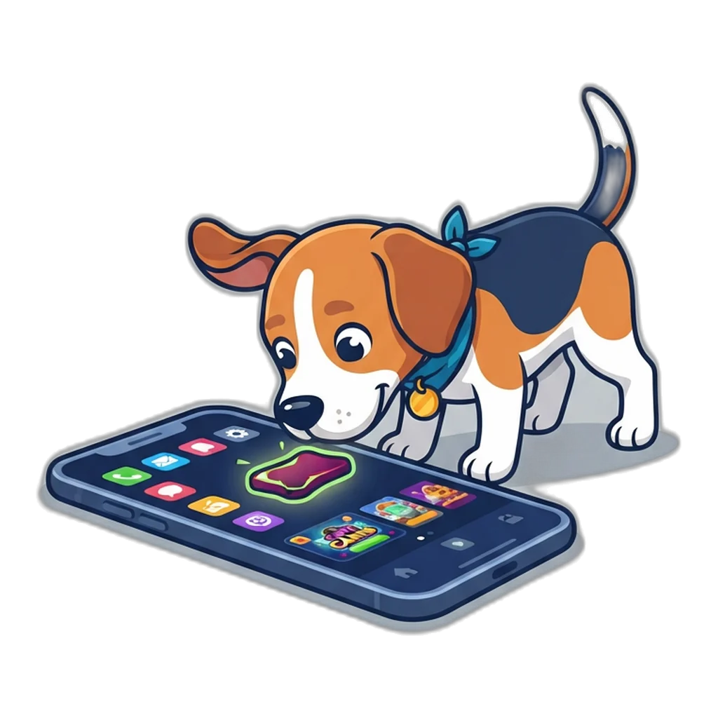 Beagle pup sniffing a phone screen and finding a suspicious sign-in link