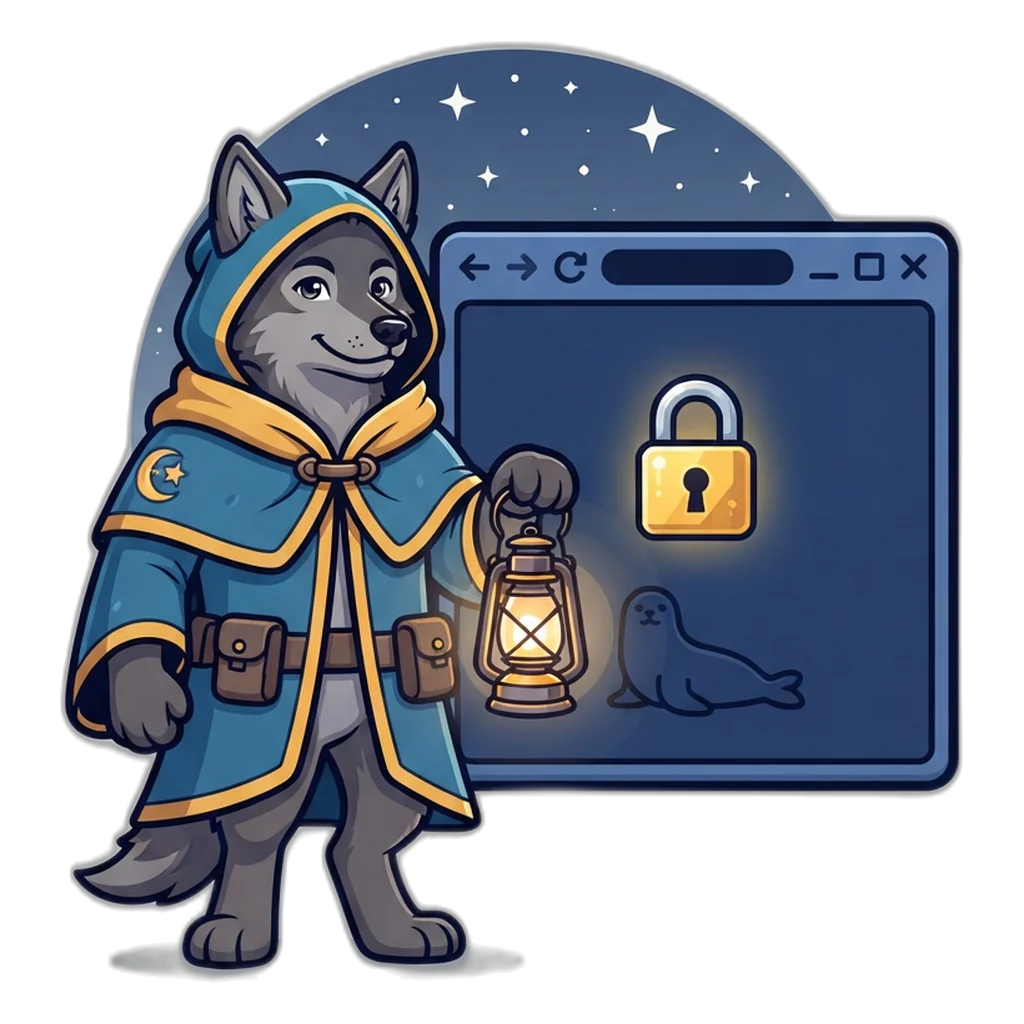 Night-watch wolf holding a lantern beside a locked browser window at night