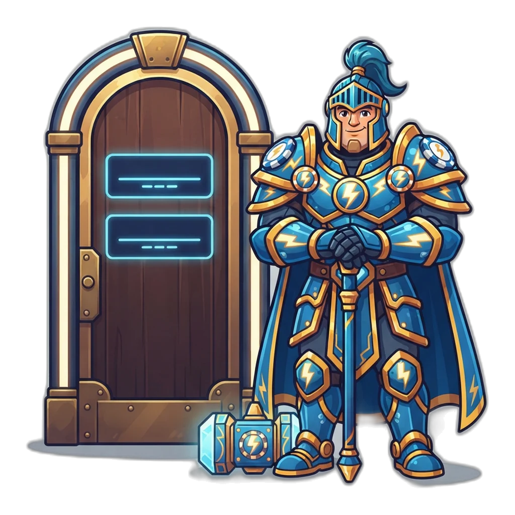 Thunder-hammer guardian beside a two-box door, showing how 6E Club login works