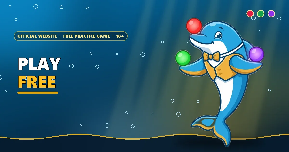Dolphin game host balancing red, green and violet balls for the free 6E Club game