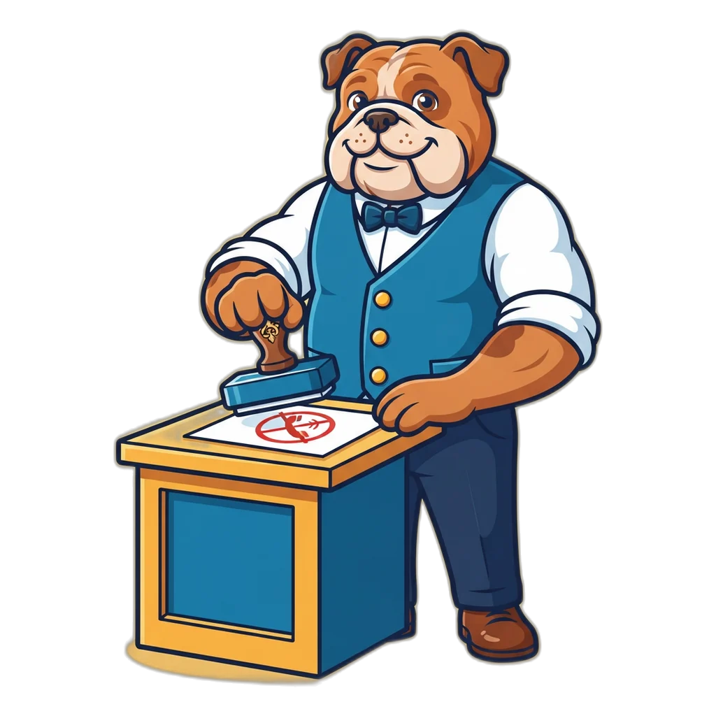Bulldog clerk stamping a short sign-up form marked no phone number needed