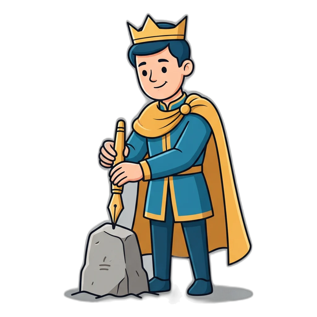 Young king drawing a golden pen from a stone to start the 6E Club register form