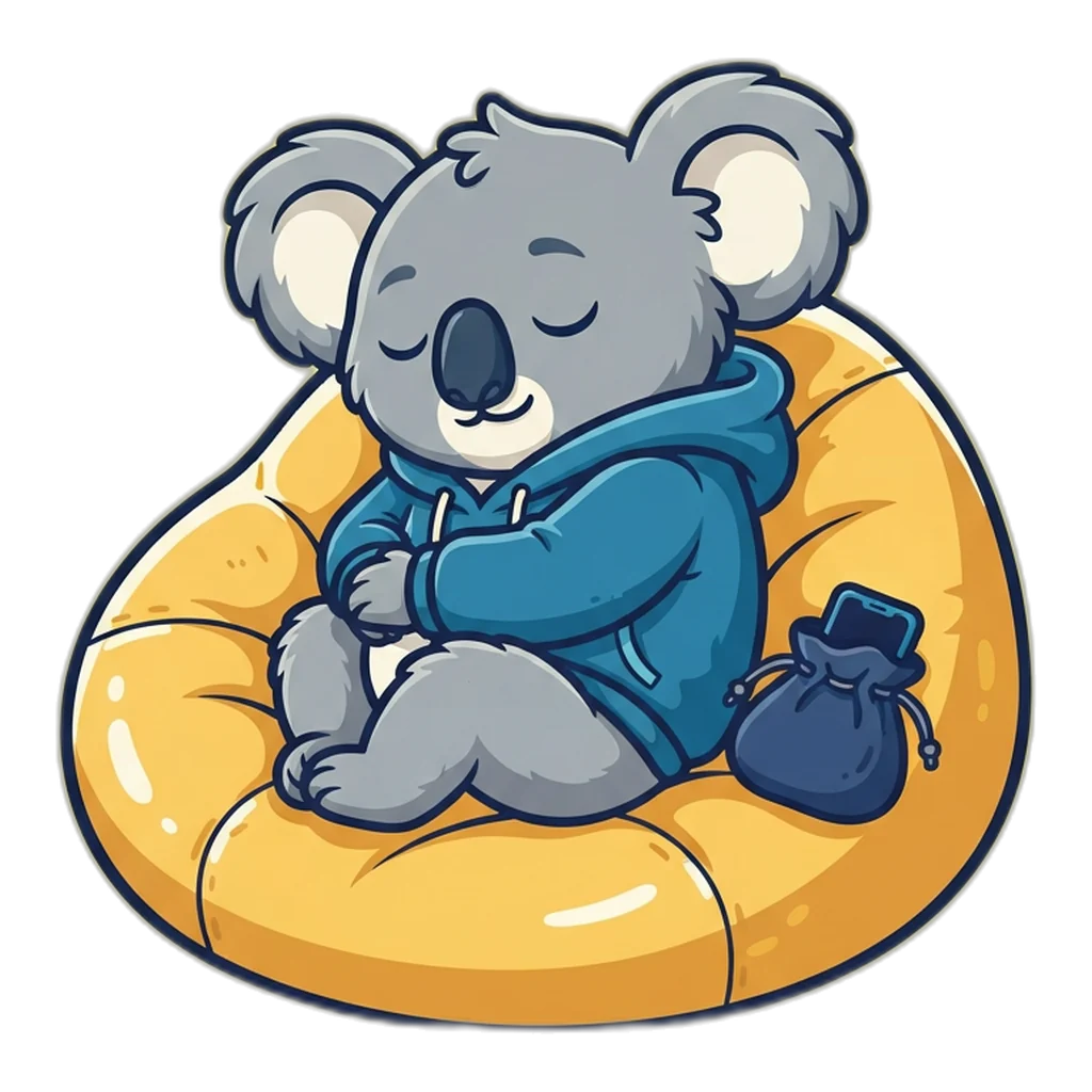 Koala napping on a cushion with its phone put away in a closed bag