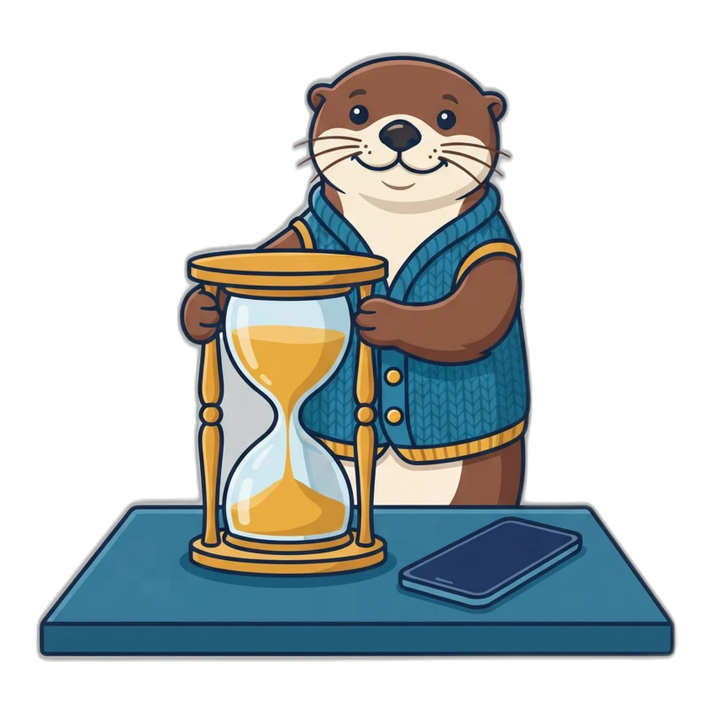 Sea otter turning an hourglass beside a phone to start a responsible gaming time limit
