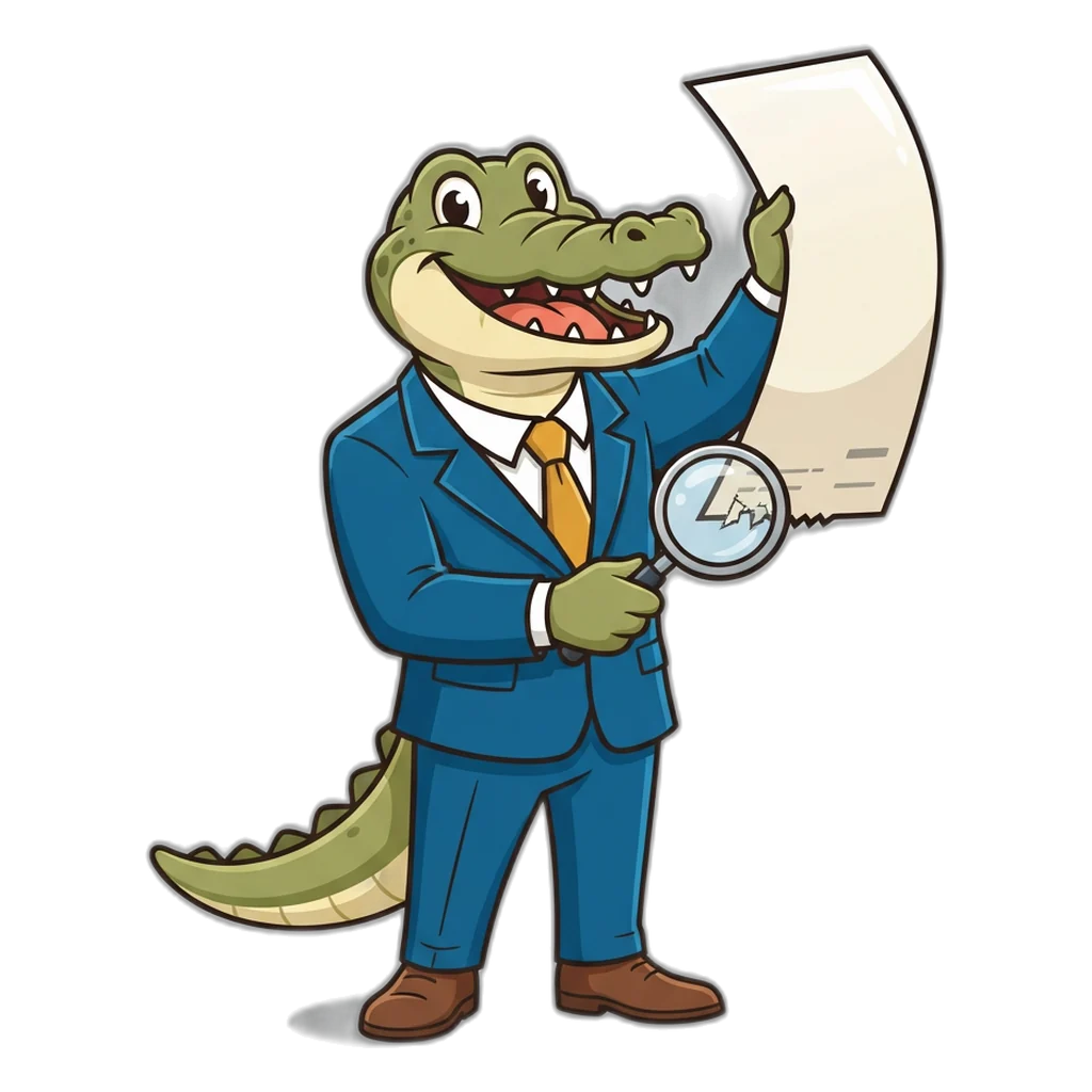 Crocodile in a blue suit waving a fake 6E Club withdrawal receipt at a crowd