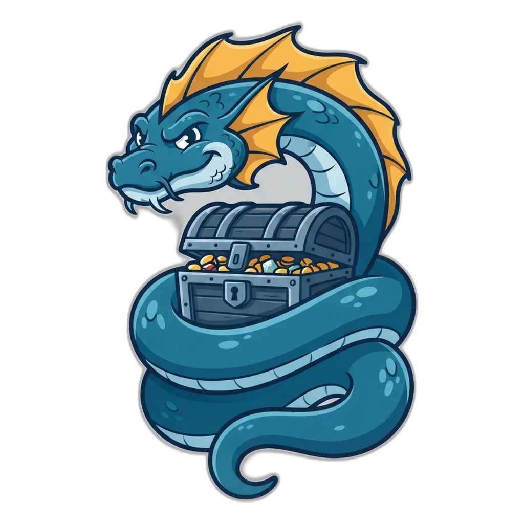 Blue sea serpent coiled around a locked chest of coins that will not open