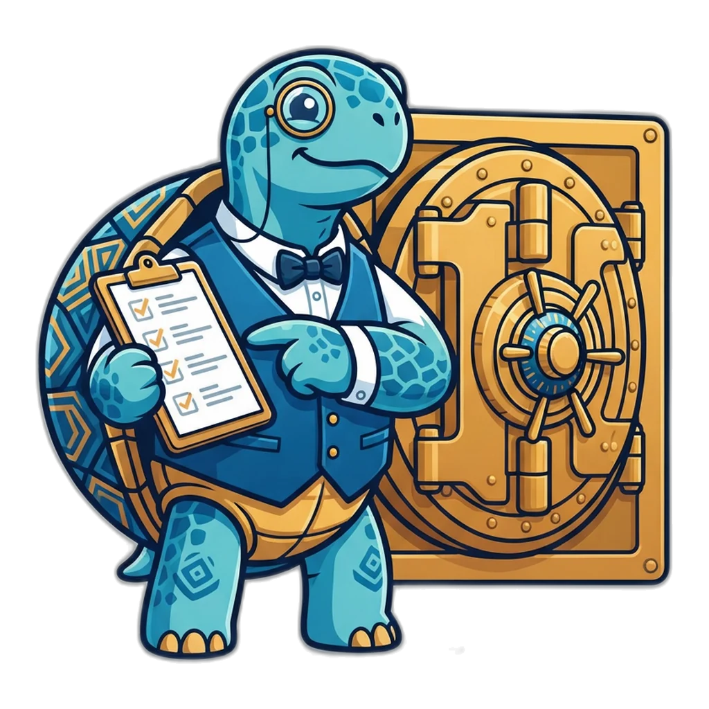 Sea turtle banker beside a closed vault door holding a checklist of steps